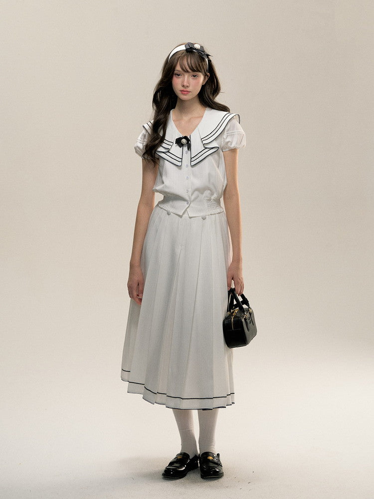 Bi-Color Ribbon Sailor-Collar Puff-Sleeve College Blouse＆Skirt