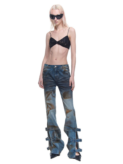 Denim Slit Nichi Belt Paint Flare-Pants