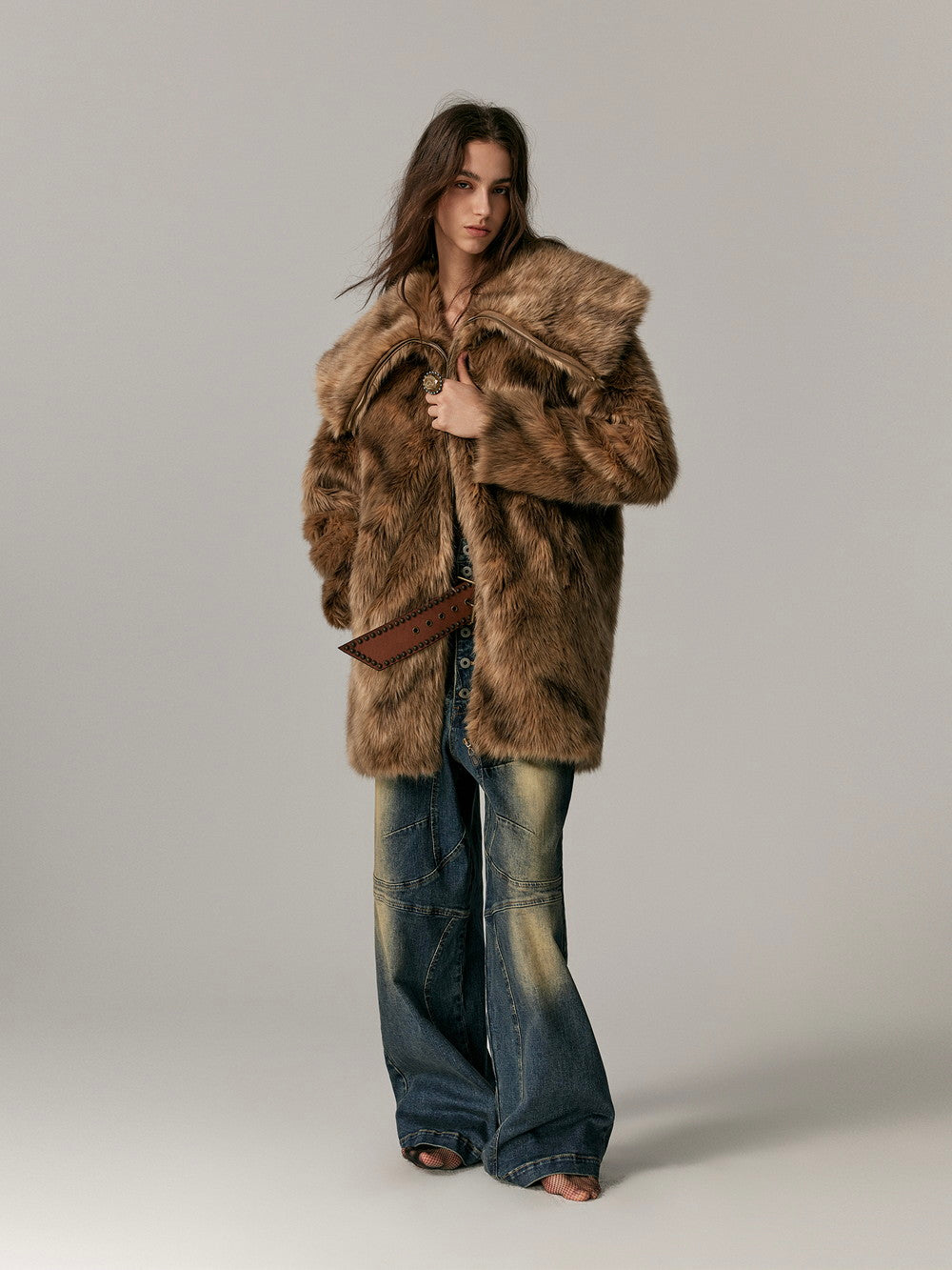 Elegant Long Occasion High-End Big-Collar Fur-Coat