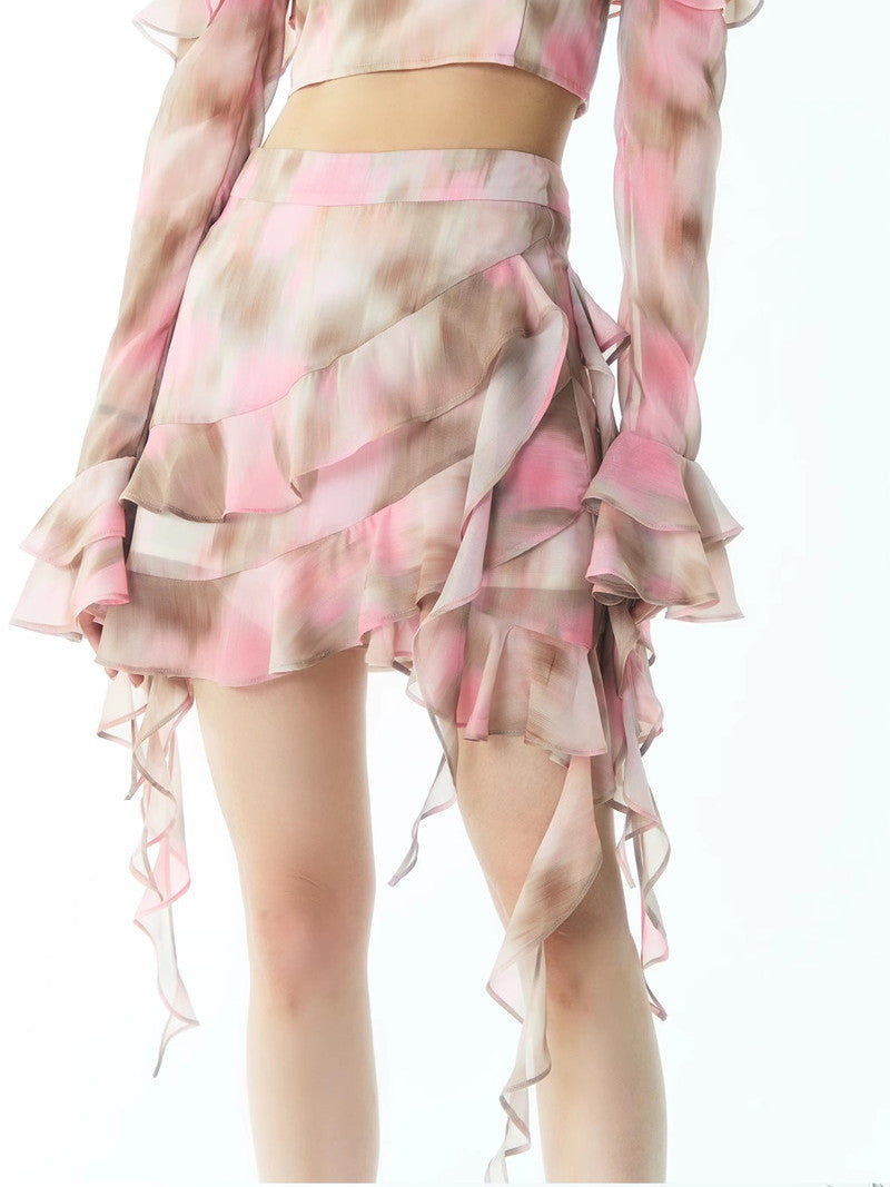 Tie-Dye Ciffon Asymmetru Tiered Frill Watercolor Mini-Skirt