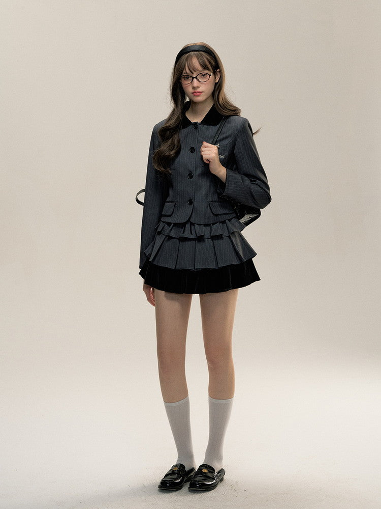 Set-Up Stripe Frill Tiered College Girly Jacket＆Mini-Skirt