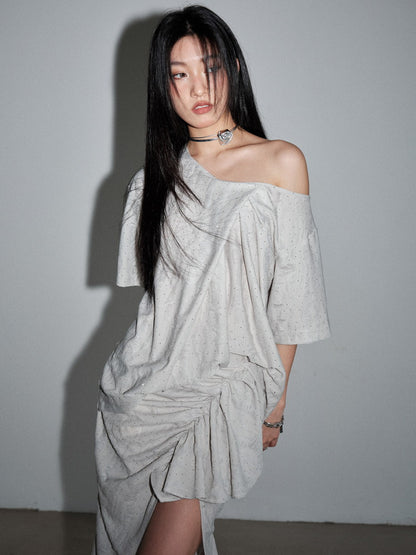 T-Shirt＆Long-Skirt Asymmetry Loose One-Shoulder Casual Nichi Set-Up