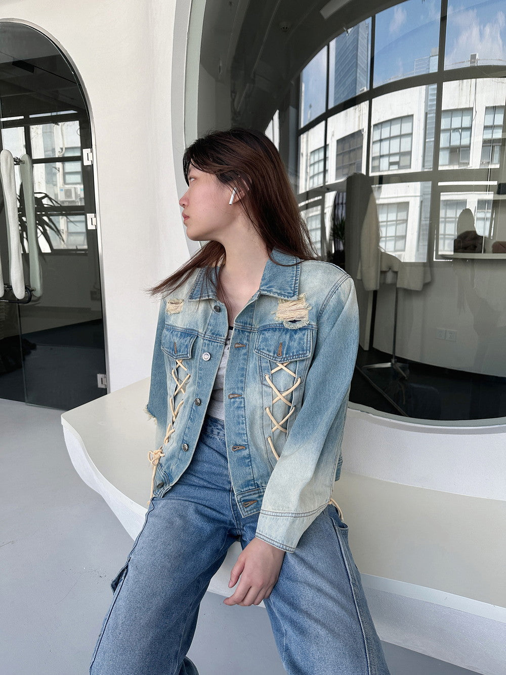 Gewaschener Schnür-up Nichi Vintage Casual Denim-Jacket