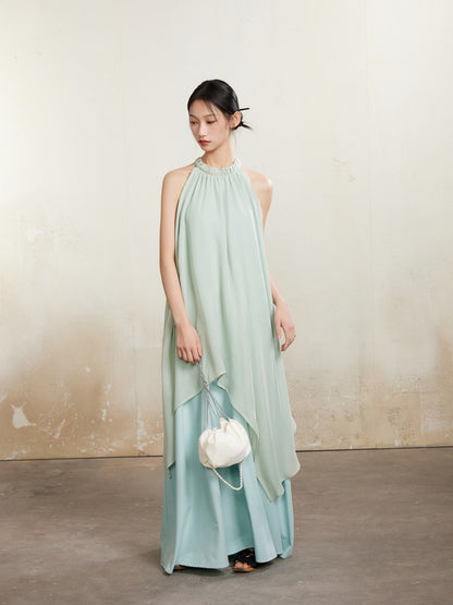 Refreshing American-Sleeve Long Layered Dlare Long Plain Dress