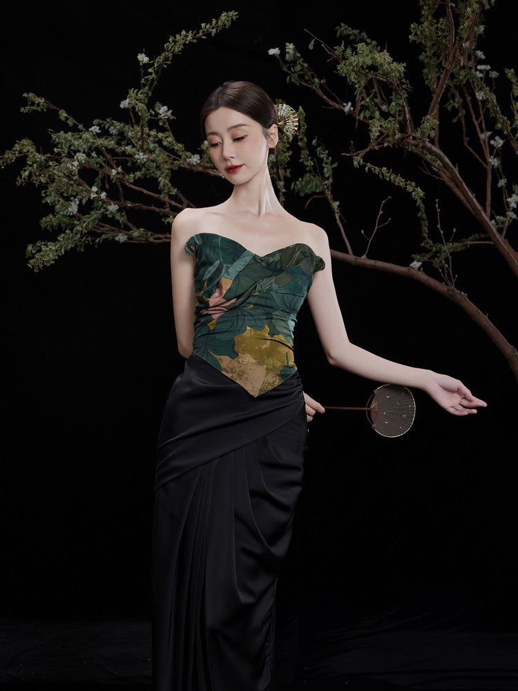 Set-Up Botanical Frill Chic Bare-Top＆Long-Skirt