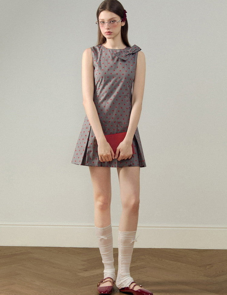 Ribbon Dot Pleats Short Retro No-Sleeve Dress