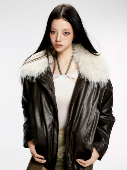 Fur-Heck glatte Ovesize High-End-Lederjacke