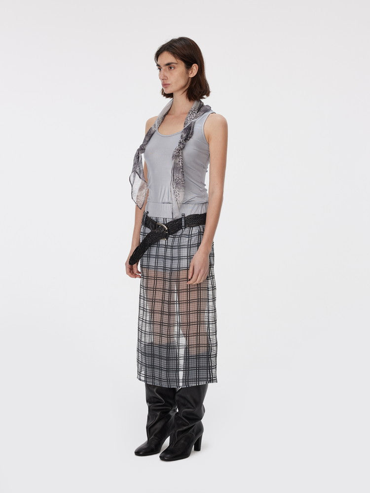 Checked See-Through Layered Elastic-Waist Back-Slit Long-Skirt