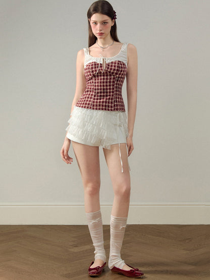 Set-Up Checked Lace No-Sleeve Slim Girly Tops＆Short-Pants