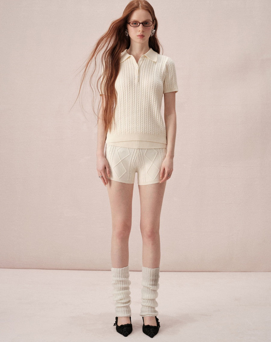 Cable-Knit Polo-Neck Casual Relax Set-Up Tops＆Short-Pants