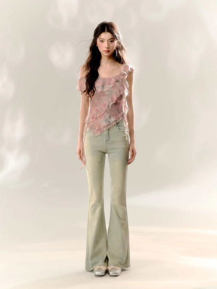 Asymmetry Ciffon Frill Flower Rose Drape Tops