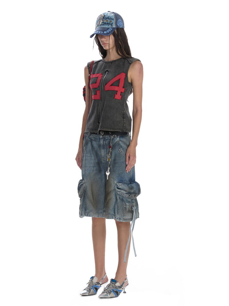 Denim Drawstring Loose Big-Pocket Half-Pants