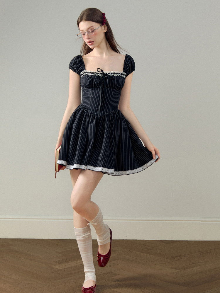 Stripe Square-Neck Puff-Sleeve Lace Girly Flare Dress