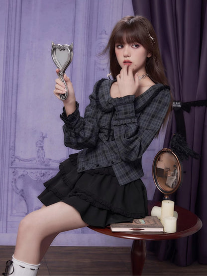 Checked Girly Ribbon Asymmetry Balloon-Sleeve Blouse