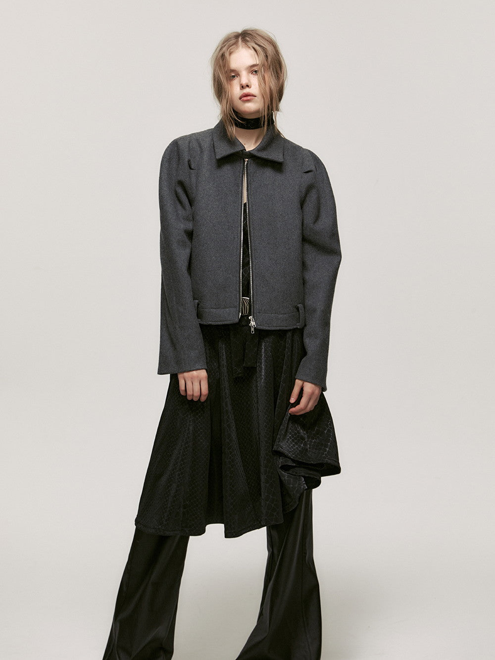 Set-Up Casual Simple Suit Wool Short-Jacket＆Balloon-Skirt