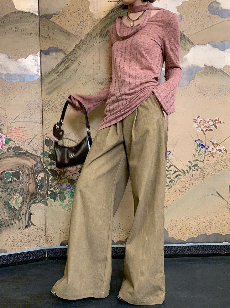 High-Waist Natural Loose Plain Wide-Pants