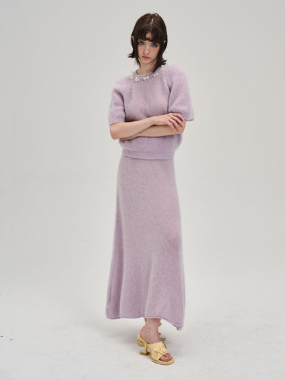 Crew-Neck Ribbon Sweet Feminine Pale Tops＆Long-Skirt