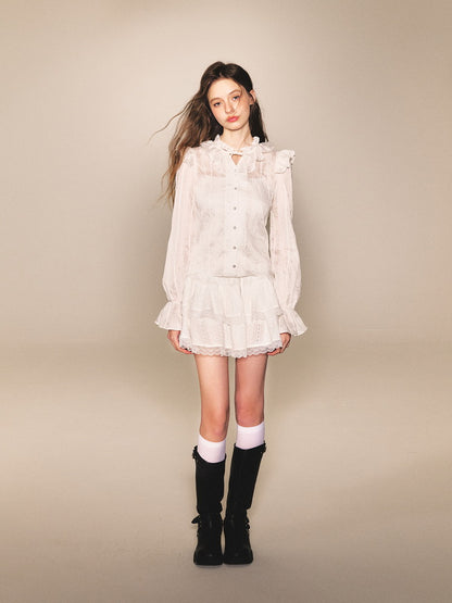 Feminine Frill Candy-Sleeve Ribbon Lace Blouse