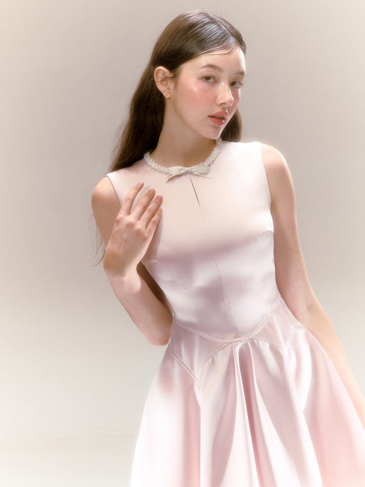 No-Sleeve Ribbon Flare Satin Princess Dress