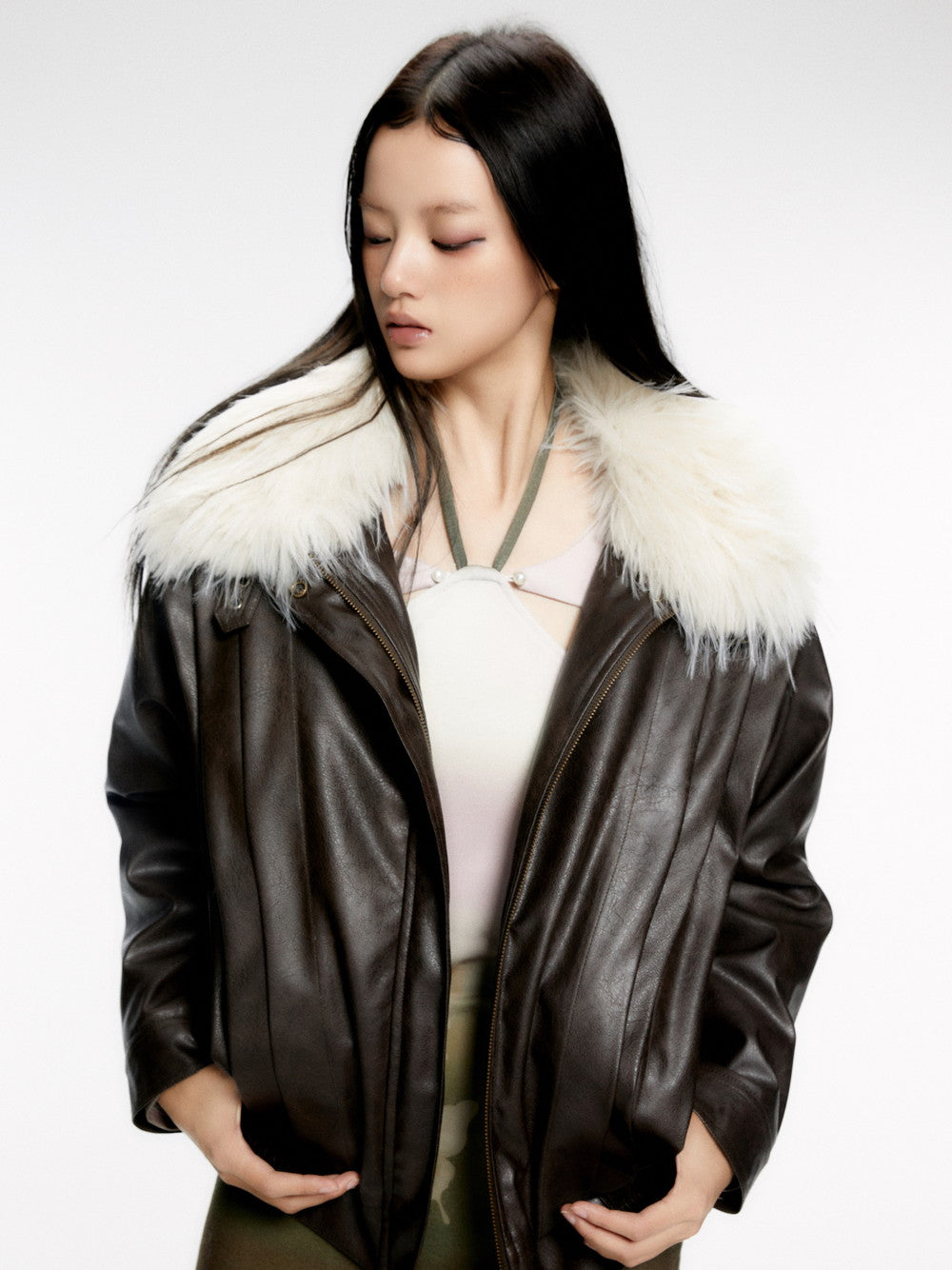 Fur-Neck Smooth Ovresize High-End Leather-Jacket