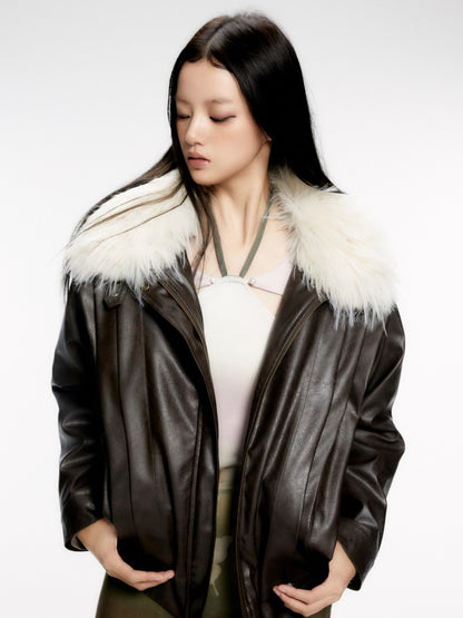 Fur-Neck Smooth Ovresize High-End Leather-Jacket