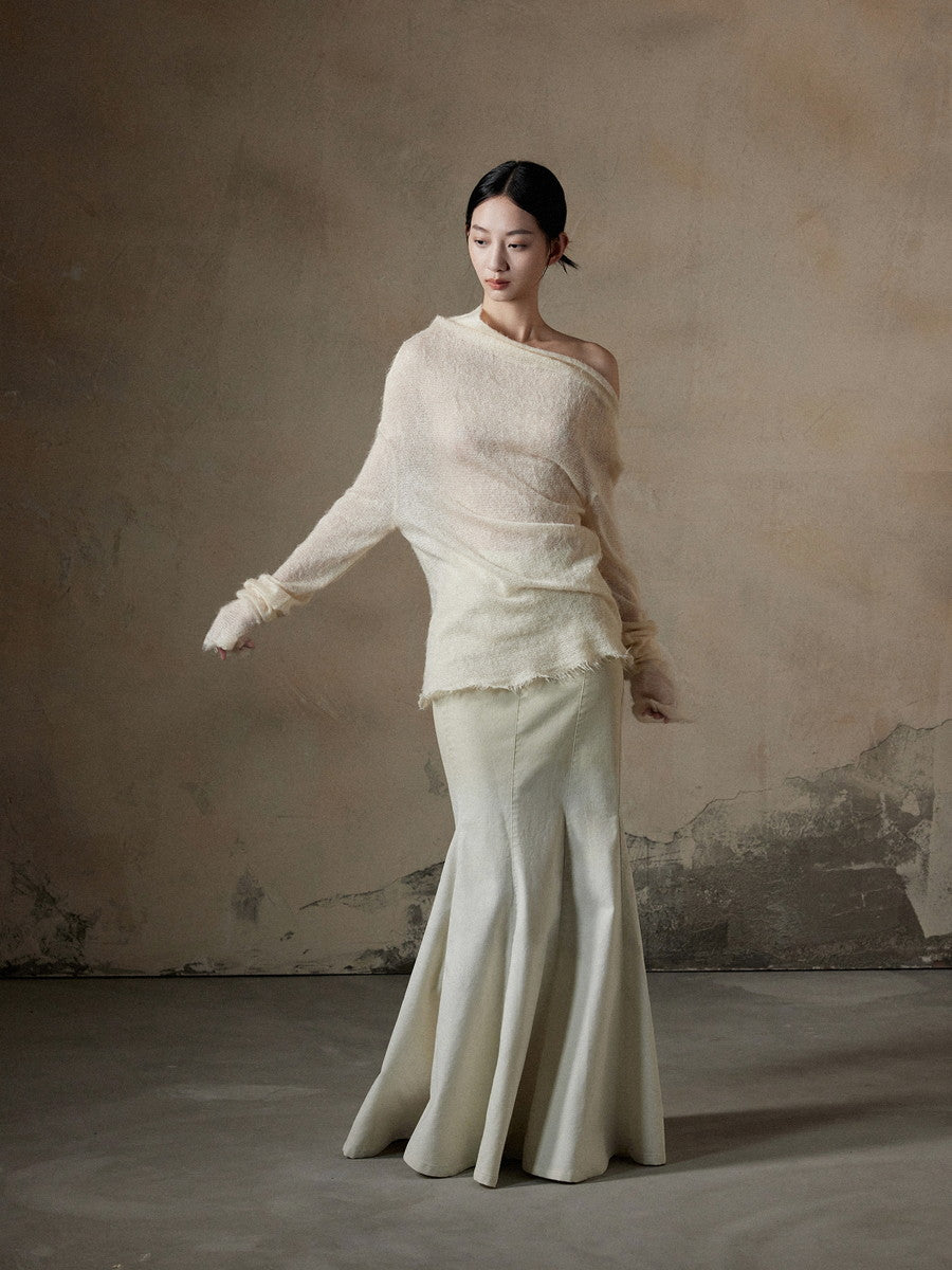 Thin Asymmetry One-Shoulder Soft Mohair-Knit