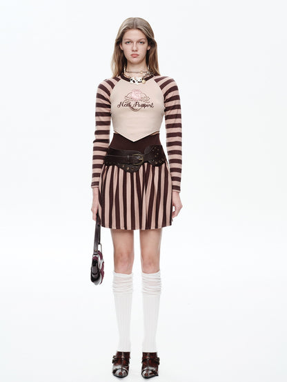 Knit Border Casual Set-Up Long-T-Shirt＆Mini-Skirt