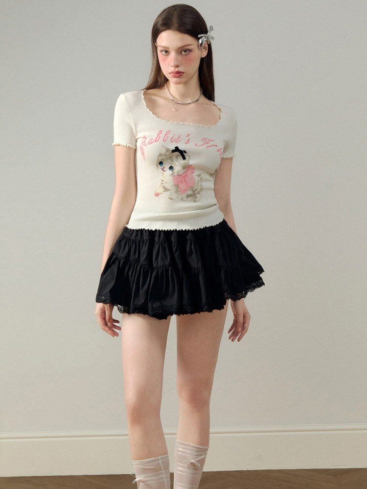 Short Sweet Tiered Feminine Lace-Skirt