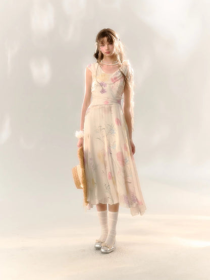 Watercolor Flower Retro Drape Long No-Sleeve Dress