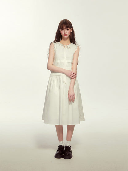 Frill Retro No-Sleeve Girly Ribbon Crease Dress