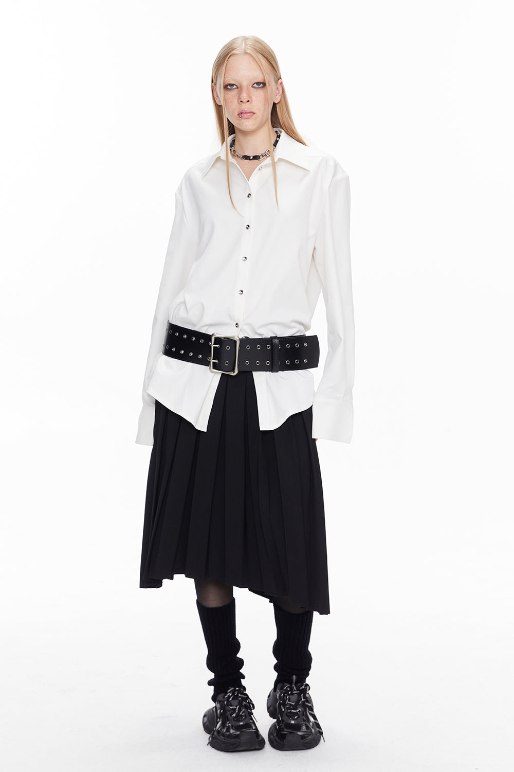 Pleats Asymmetry Belt Long-Skirt