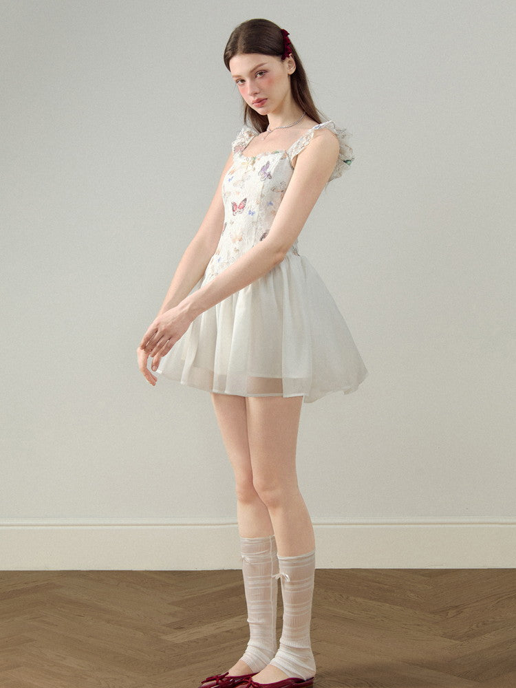 Embroidery Butterfly Lace Ribbon Ciffon Ceminine Fluffily Short Dress