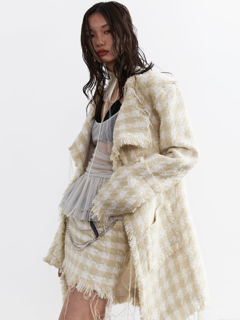 Tweed Tassel Cut-Off Checked Retro Jacket