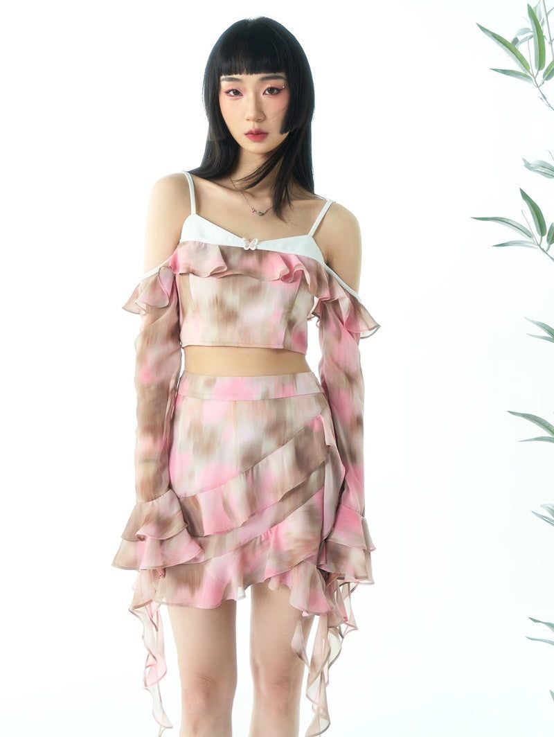 Tie-Dye Sheer Fake-Off-Shouler Ruffle Gather Watercolor Tops