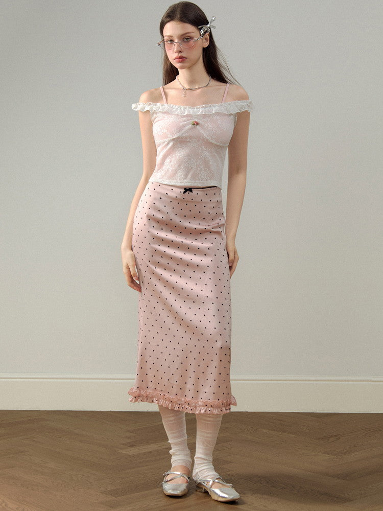 Satin Dot Lace frill Cute Long-Skirt