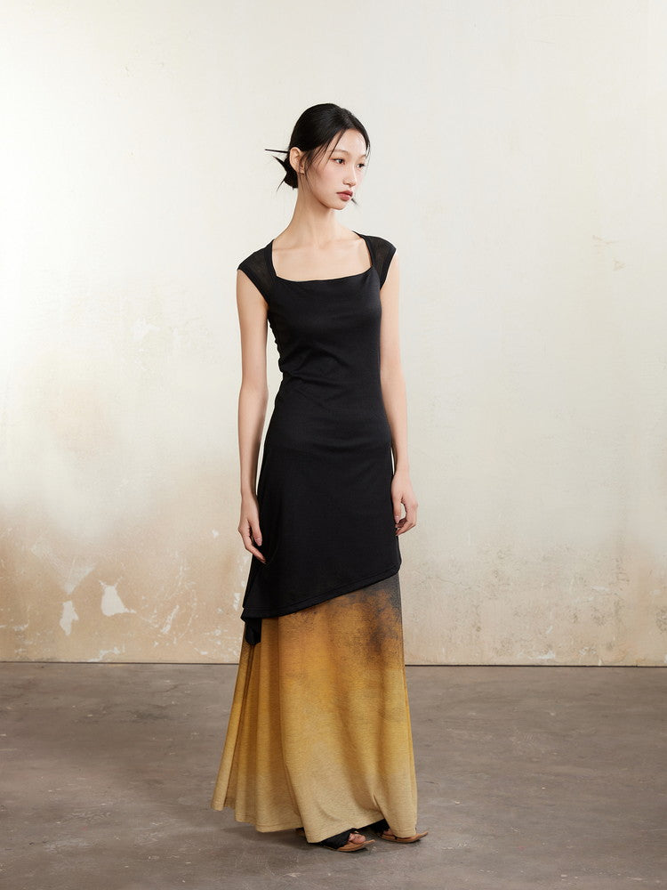 Long Bi-Color Retro Square-Neck Layered Dress