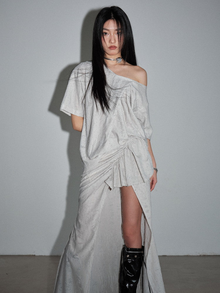 T-Shirt＆Long-Skirt Asymmetry Loose One-Shoulder Casual Nichi Set-Up