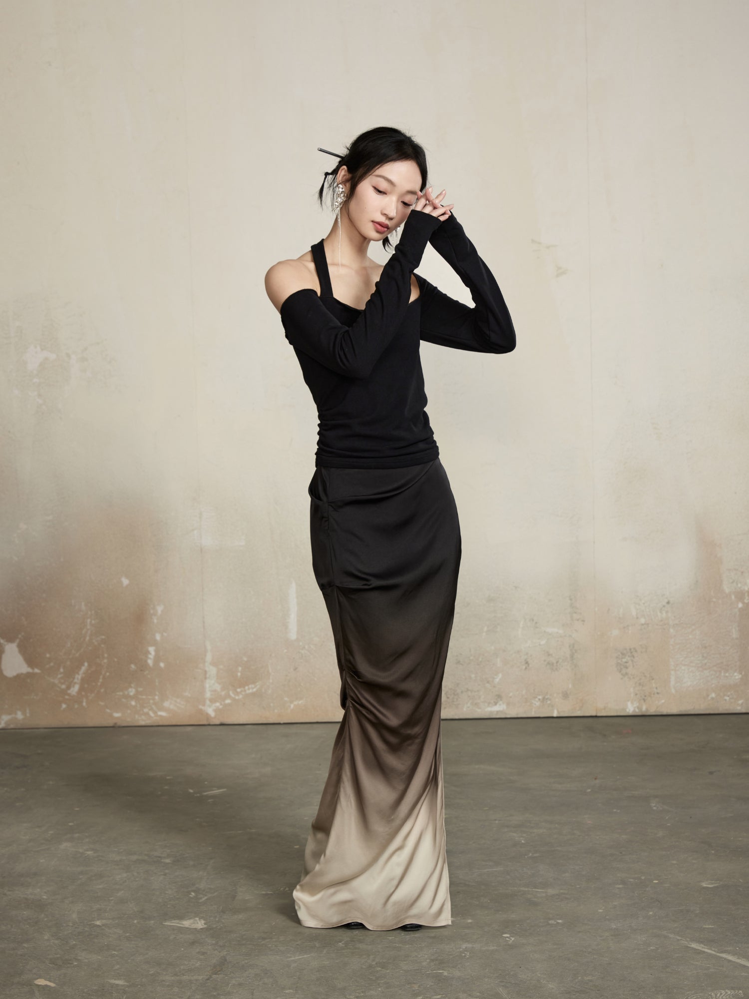 Gradation Classy Slim Drape Deep-Slit Elegant Tops&amp;Long-Skirt