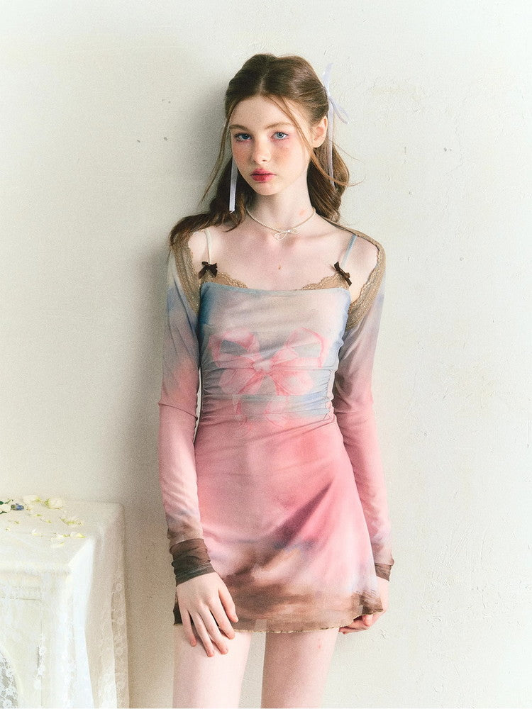 Dress＆Bolero Tie-Dye Pale-Tone Slim Mesh Set-Up