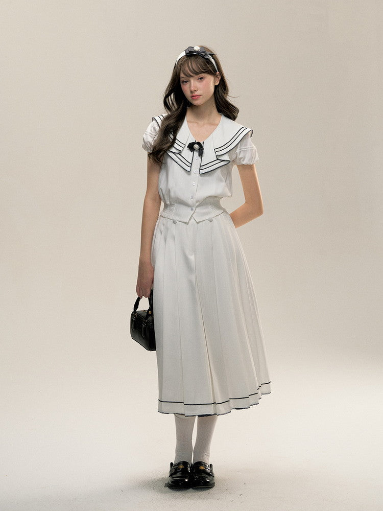 Bi-Color Ribbon Sailor-Collar Puff-Sleeve College Blouse＆Skirt