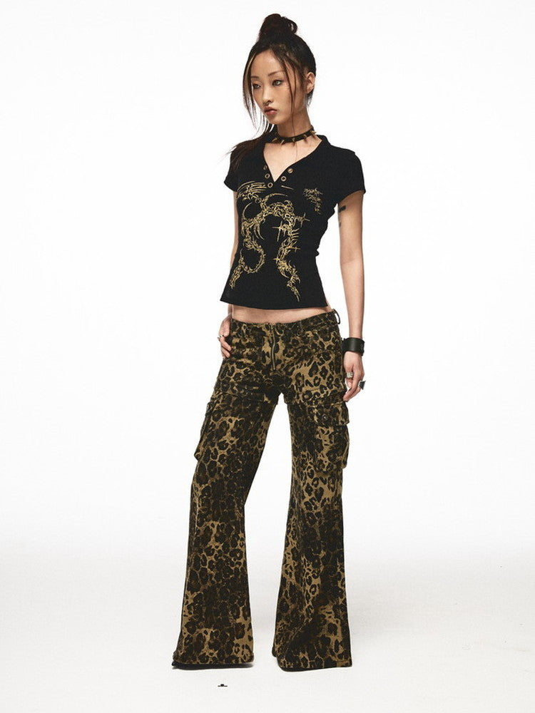 2Way Leopard Cool Animal Denim Short--Pants Flare-Pants