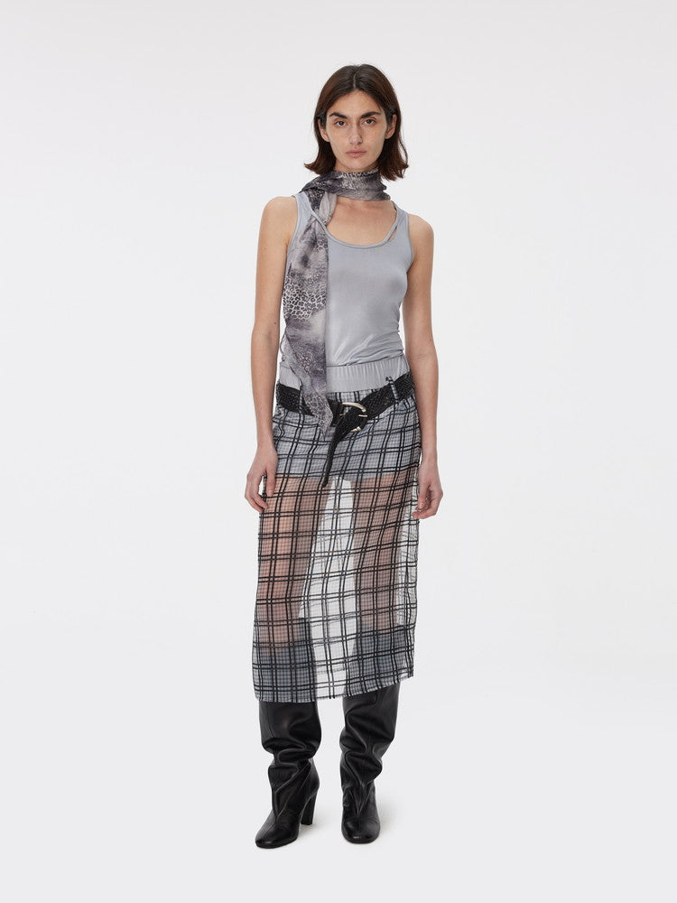 Checked See-Through Layered Elastic-Waist Back-Slit Long-Skirt