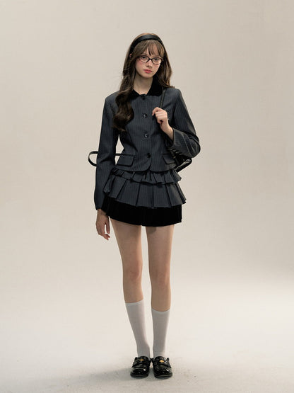 Set-Up Stripe Frill Tiered College Girly Jacket＆Mini-Skirt