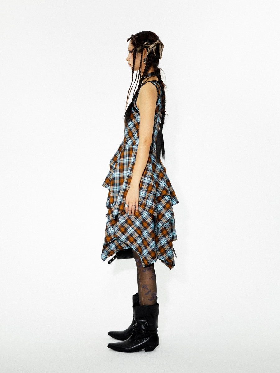 Checked Asymmetry Hem-Skirt Fluffiy One-Piece