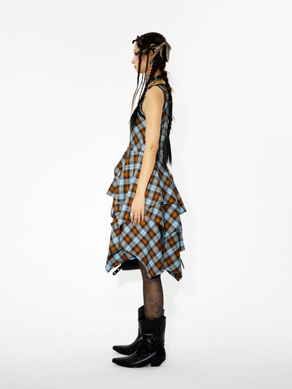 Checked Asymmetry Hem-Skirt Fluffiy One-Piece