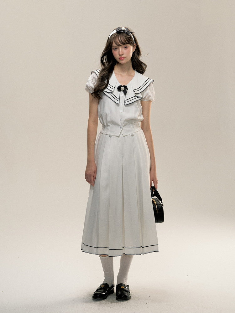 Bi-Color Ribbon Sailor-Collar Puff-Sleeve College Blouse＆Skirt