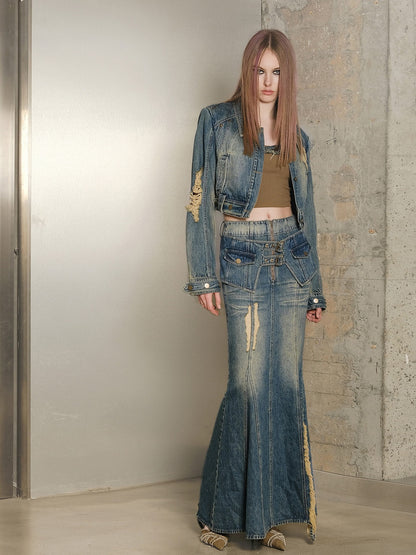 Set-Up Denim Washed Casual Mermaid Jacket＆Long-Skirt