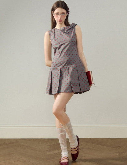 Ribbon Dot Pleats Short Retro No-Sleeve Dress