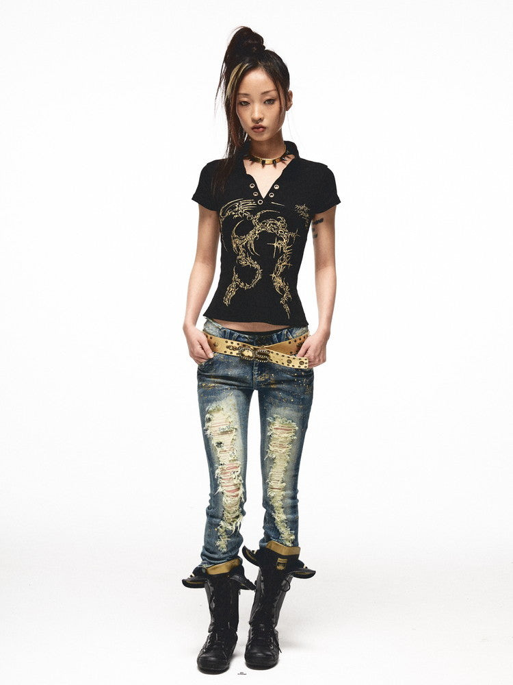 Embroidery Metallic Nichi V-Neck Casual Tops