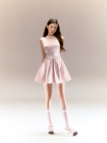 No-Sleeve Ribbon Flare Satin Princess Dress